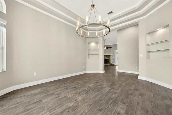 Empty room, Interior, Pendant Lights, Wood Texture Flooring