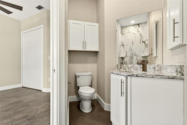 Bathroom, Interior, Marble Walls, Recessed Lighting, Wood Texture Flooring