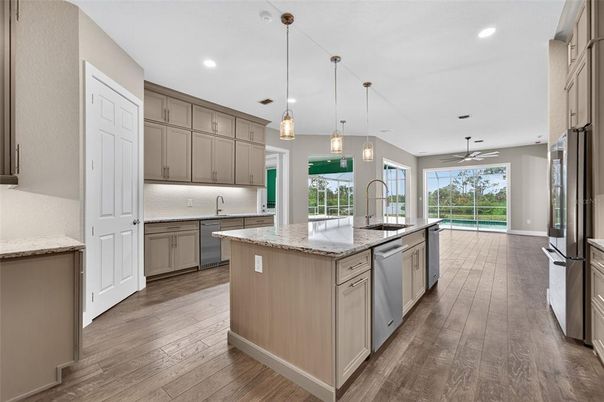 Interior, Kitchen, Pendant Lights, Recessed Lighting, Wood Texture Flooring