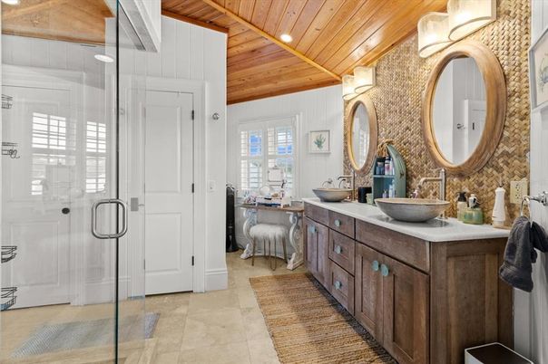 Bathroom, Dual Sink Vanities, Glass Shower, Interior, Recessed Lighting, Wooden Ceilings