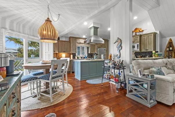 Dining room, Interior, Kitchen, Living room, Pendant Lights, Recessed Lighting, Stainless Steel Appliances, Wood Texture Flooring