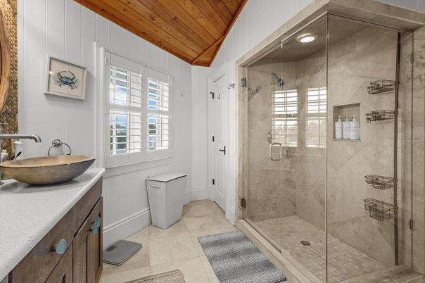 Bathroom, Glass Shower, Interior, Recessed Lighting, Wooden Ceilings