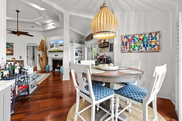 Dining room, Fireplace, Interior, Pendant Lights, Recessed Lighting, Wood Texture Flooring