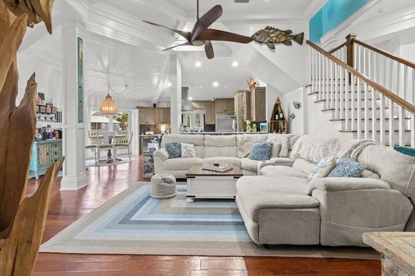 Dining room, Interior, Kitchen, Living room, Pendant Lights, Recessed Lighting, Stainless Steel Appliances, Wood Texture Flooring