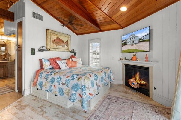 Bedroom, Fireplace, Interior, Recessed Lighting, Wooden Beams, Wooden Ceilings