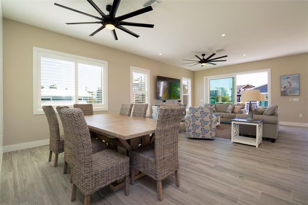 Dining room, Interior, Living room, Recessed Lighting, Wood Texture Flooring