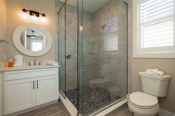 Bathroom, Glass Shower, Interior, Wood Texture Flooring