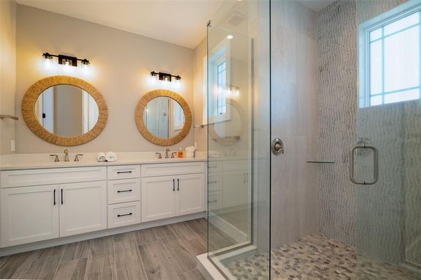 Bathroom, Dual Sink Vanities, Glass Shower, Interior, Wood Texture Flooring