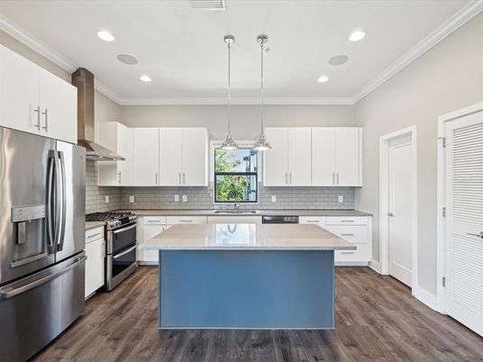 Interior, Kitchen, Pendant Lights, Recessed Lighting, Stainless Steel Appliances, Wood Texture Flooring