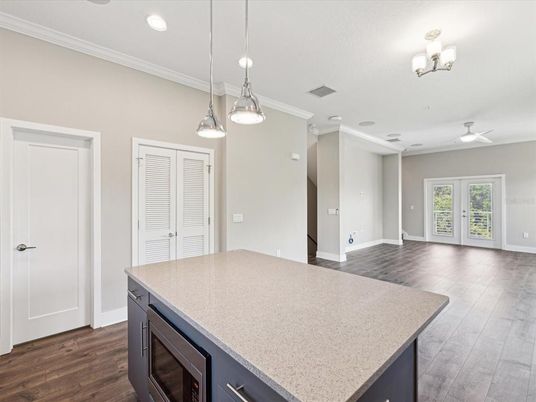 Empty room, Interior, Pendant Lights, Recessed Lighting, Wood Texture Flooring