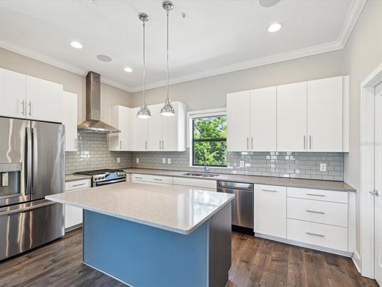 Interior, Kitchen, Pendant Lights, Recessed Lighting, Stainless Steel Appliances, Wood Texture Flooring