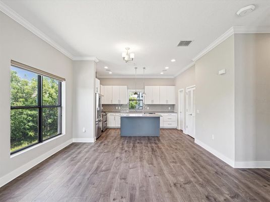 Interior, Kitchen, Pendant Lights, Recessed Lighting, Stainless Steel Appliances, Wood Texture Flooring