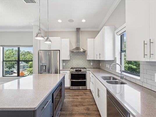Interior, Kitchen, Pendant Lights, Recessed Lighting, Stainless Steel Appliances, Wood Texture Flooring