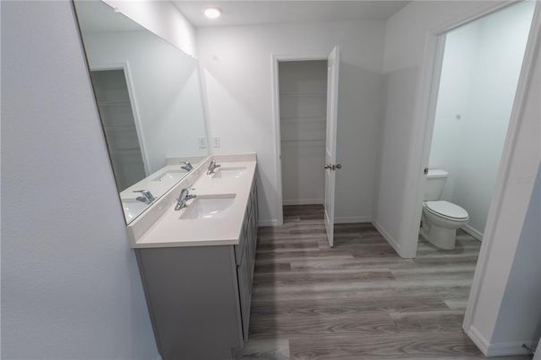 Bathroom, Dual Sink Vanities, Interior, Recessed Lighting, Wood Texture Flooring