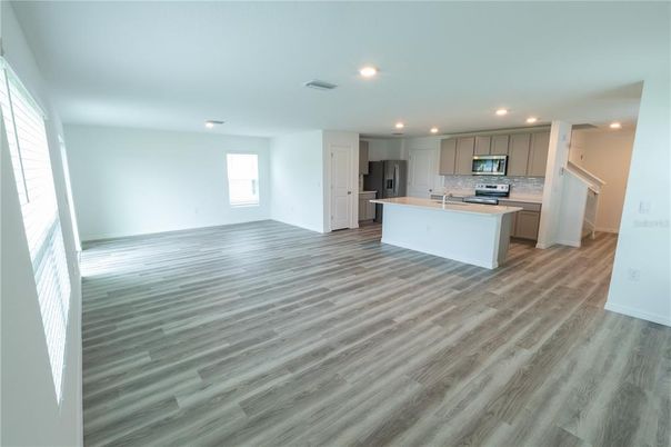 Empty room, Interior, Kitchen, Recessed Lighting, Wood Texture Flooring
