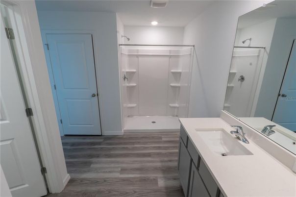 Bathroom, Dual Sink Vanities, Interior, Recessed Lighting, Wood Texture Flooring
