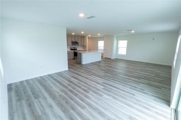 Empty room, Interior, Kitchen, Recessed Lighting, Wood Texture Flooring