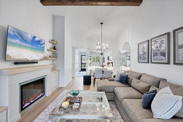 Dining room, Fireplace, Interior, Living room, Pendant Lights, Wooden Beams, Wood Texture Flooring