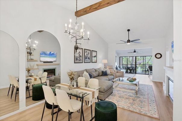 Chandelier, Dining room, Fireplace, Interior, Living room, Wooden Beams, Wood Texture Flooring