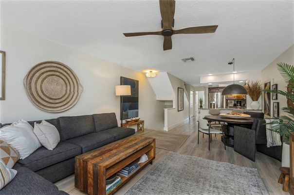 Dining room, Interior, Kitchen, Living room, Pendant Lights, Recessed Lighting, Wood Texture Flooring