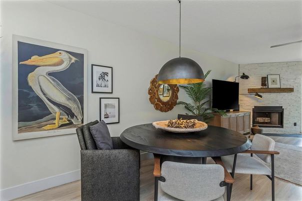 Dining room, Fireplace, Interior, Pendant Lights, Stone Walls, Wood Texture Flooring