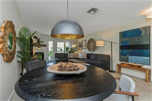 Dining room, Fireplace, Interior, Living room, Pendant Lights, Stone Walls