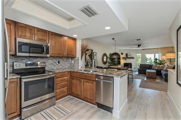 Interior, Kitchen, Living room, Pendant Lights, Recessed Lighting, Stainless Steel Appliances, Wood Texture Flooring