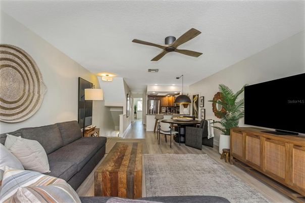 Dining room, Interior, Kitchen, Living room, Pendant Lights, Stainless Steel Appliances, Wood Texture Flooring