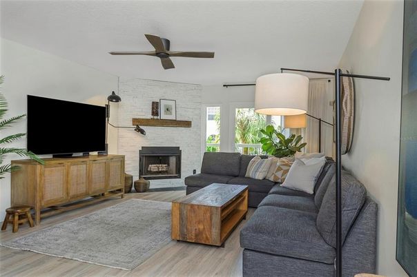 Fireplace, Interior, Living room, Stone Walls, Wood Texture Flooring