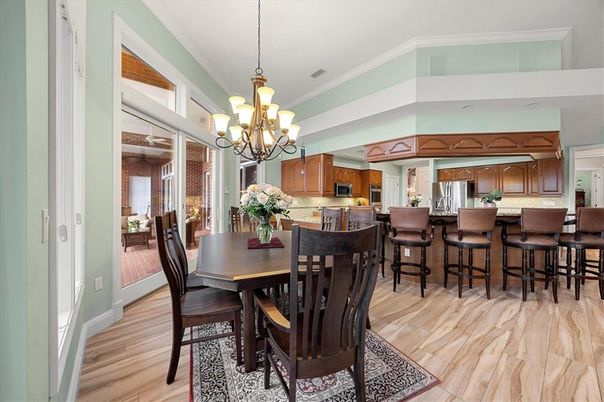 Chandelier, Dining room, Interior, Kitchen, Wood Texture Flooring