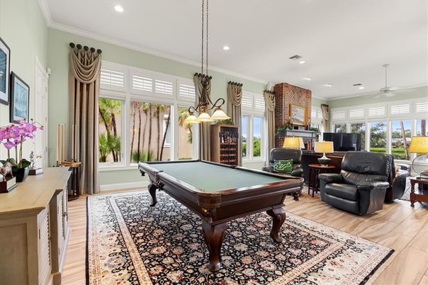 Billiard Table, Game Room, Interior, Pendant Lights, Recessed Lighting, Wood Texture Flooring