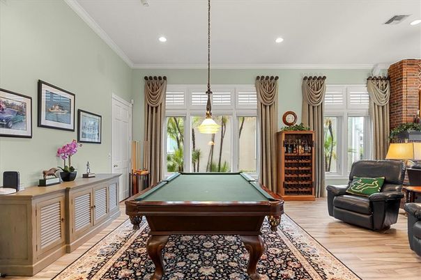 Billiard Table, Game Room, Interior, Pendant Lights, Recessed Lighting, Wood Texture Flooring