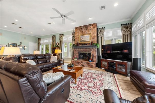 Fireplace, Interior, Living room, Pendant Lights, Recessed Lighting, Stone Walls, Wood Texture Flooring