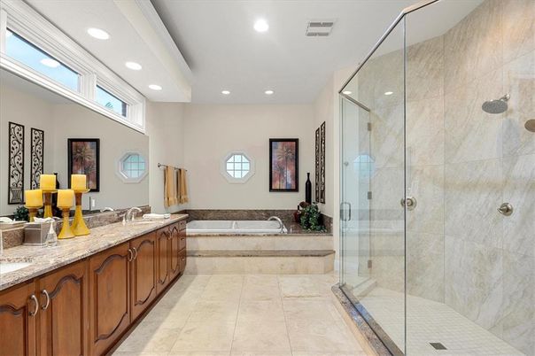 Bathroom, Dual Sink Vanities, Glass Shower, Interior, Recessed Lighting