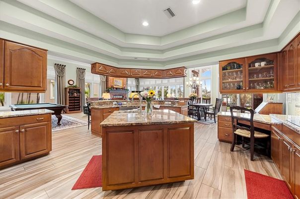 Billiard Table, Chandelier, Dining room, Interior, Kitchen, Recessed Lighting, Wood Texture Flooring