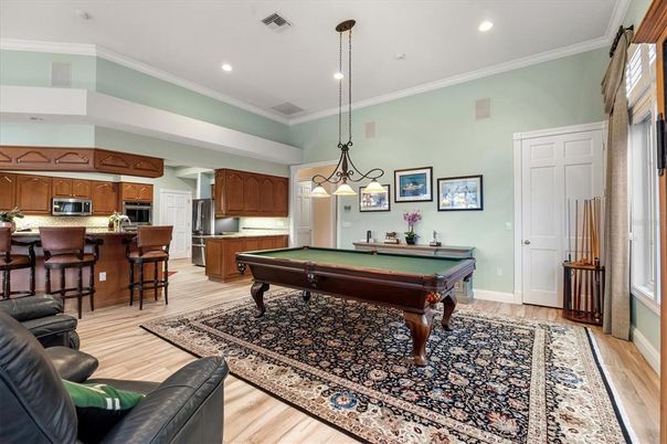 Billiard Table, Game Room, Interior, Kitchen, Pendant Lights, Recessed Lighting, Wood Texture Flooring