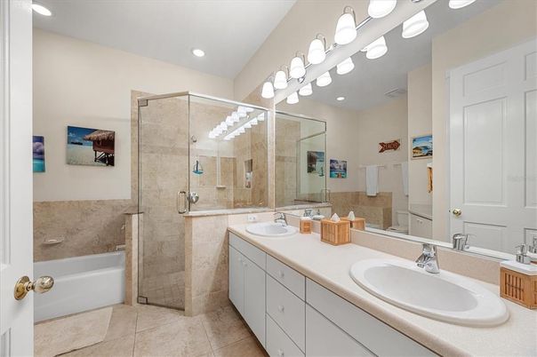 Bathroom, Dual Sink Vanities, Glass Shower, Interior, Recessed Lighting