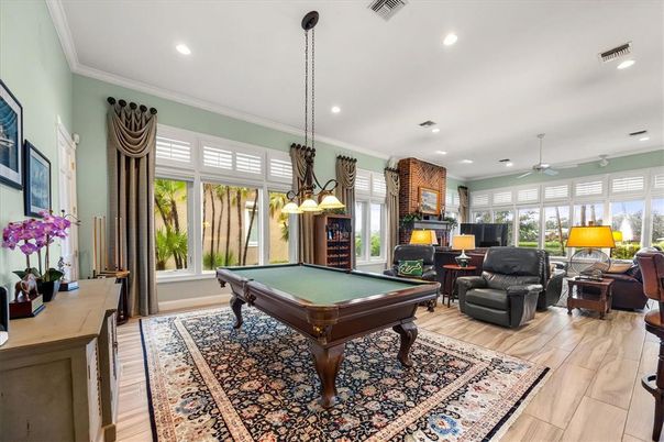 Billiard Table, Game Room, Interior, Living room, Pendant Lights, Recessed Lighting, Wood Texture Flooring