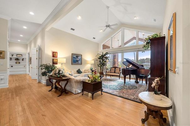 Interior, Living room, Piano, Recessed Lighting, Wood Texture Flooring