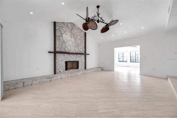 Empty room, Fireplace, Interior, Recessed Lighting, Stone Walls