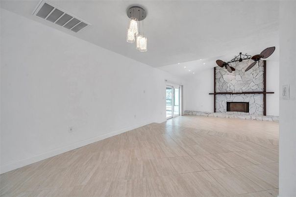 Empty room, Fireplace, Interior, Pendant Lights, Recessed Lighting