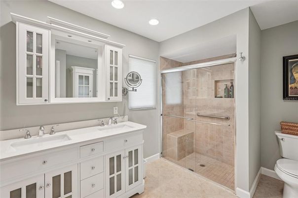 Bathroom, Dual Sink Vanities, Glass Shower, Interior, Recessed Lighting