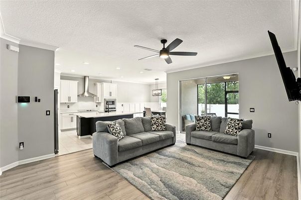 Interior, Kitchen, Living room, Pendant Lights, Recessed Lighting, Stainless Steel Appliances, Wood Texture Flooring