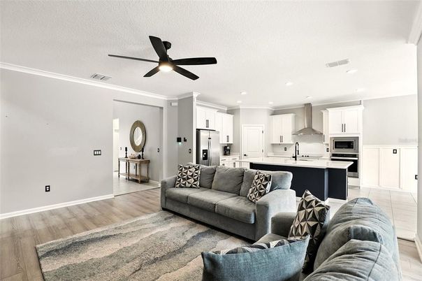 Interior, Kitchen, Living room, Recessed Lighting, Stainless Steel Appliances, Wood Texture Flooring