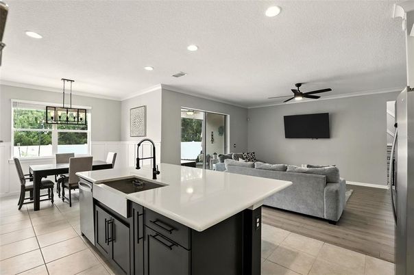 Dining room, Interior, Kitchen, Living room, Pendant Lights, Recessed Lighting, Wood Texture Flooring
