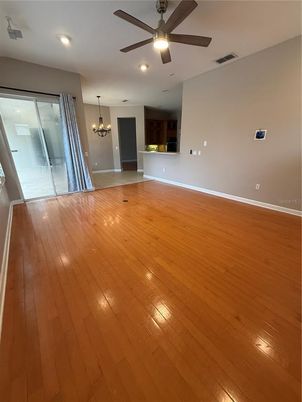 Chandelier, Empty room, Interior, Recessed Lighting, Wood Texture Flooring