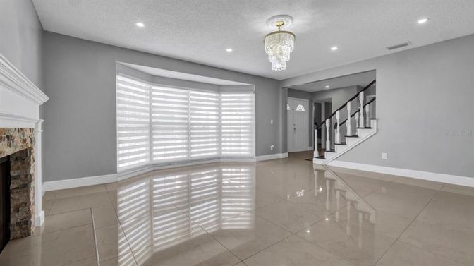 Chandelier, Empty room, Fireplace, Interior, Recessed Lighting