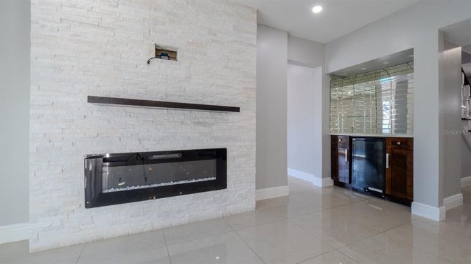 Fireplace, Interior, Recessed Lighting, Stone Walls