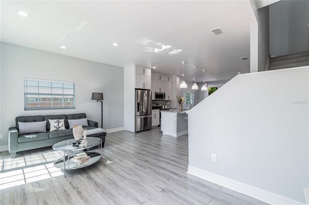 Interior, Kitchen, Living room, Pendant Lights, Recessed Lighting, Stainless Steel Appliances, Wood Texture Flooring