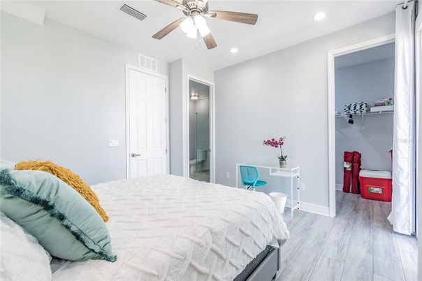 Bedroom, Interior, Recessed Lighting, Wood Texture Flooring